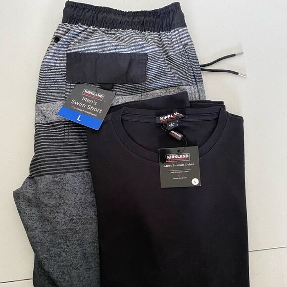 KIRKLAND Men’s Swim Shorts and Premium        T -Shirt both size L NWT - Picture 1 of 10